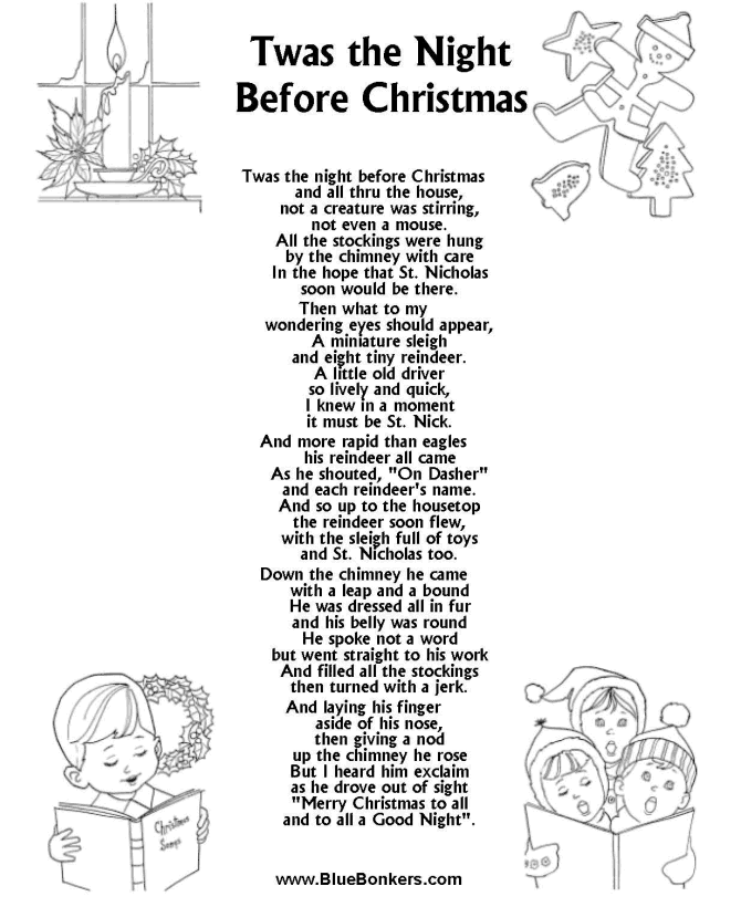 Bible Printables - Christmas Songs and Christmas Carol Lyrics - TWAS THE NIGHT BEFORE CHRISTMAS